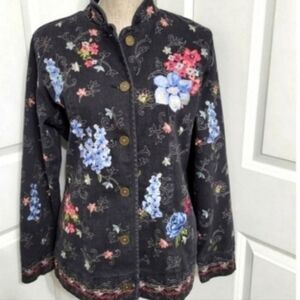 Denim&Co Vintage Women Black Floral Embroiderd Denim Jacket Size Medium